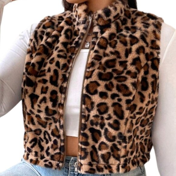 Women’s Faux Fur Leopard Print Vest – Sleeveless Zip Up Jacket – Trendy Layering - Picture 1 of 4